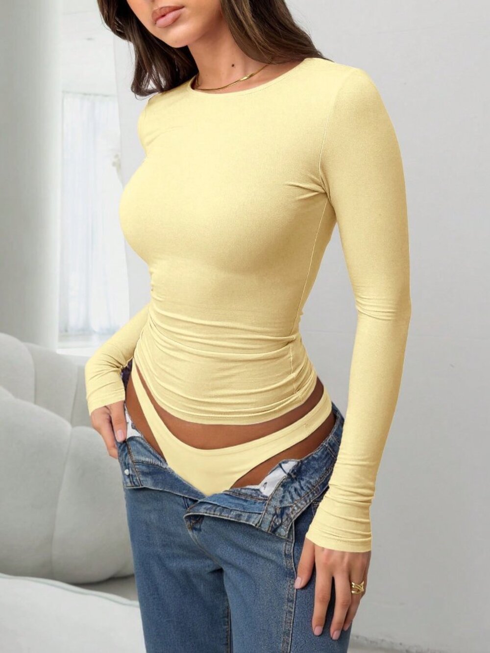 Light Yellow Casual Women's Round Neck Long Sleeve Ruched Fitted T-Shirt